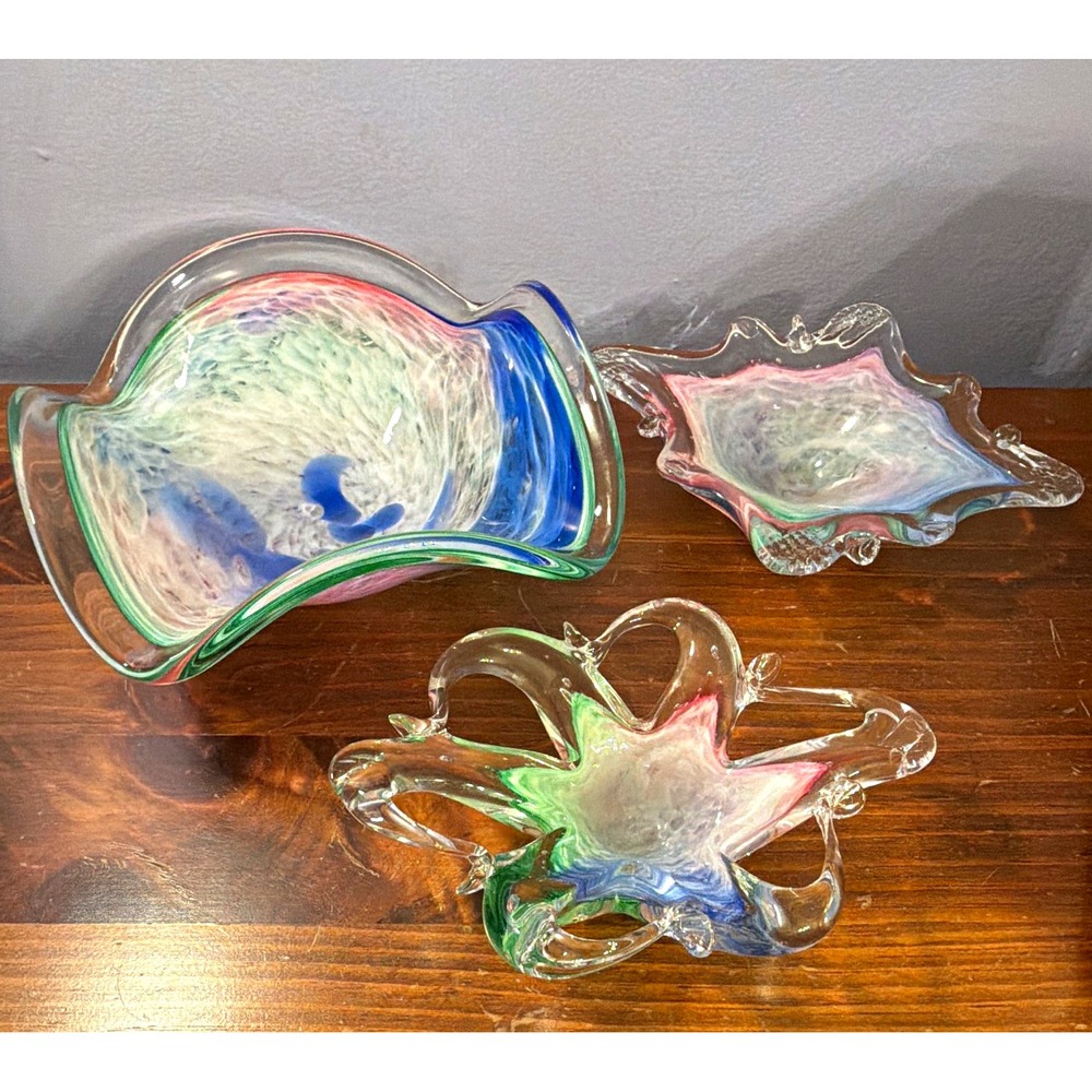 VTG Art Glass Blue Green Pink Swirl Murano Style Bowls 3 Pieces